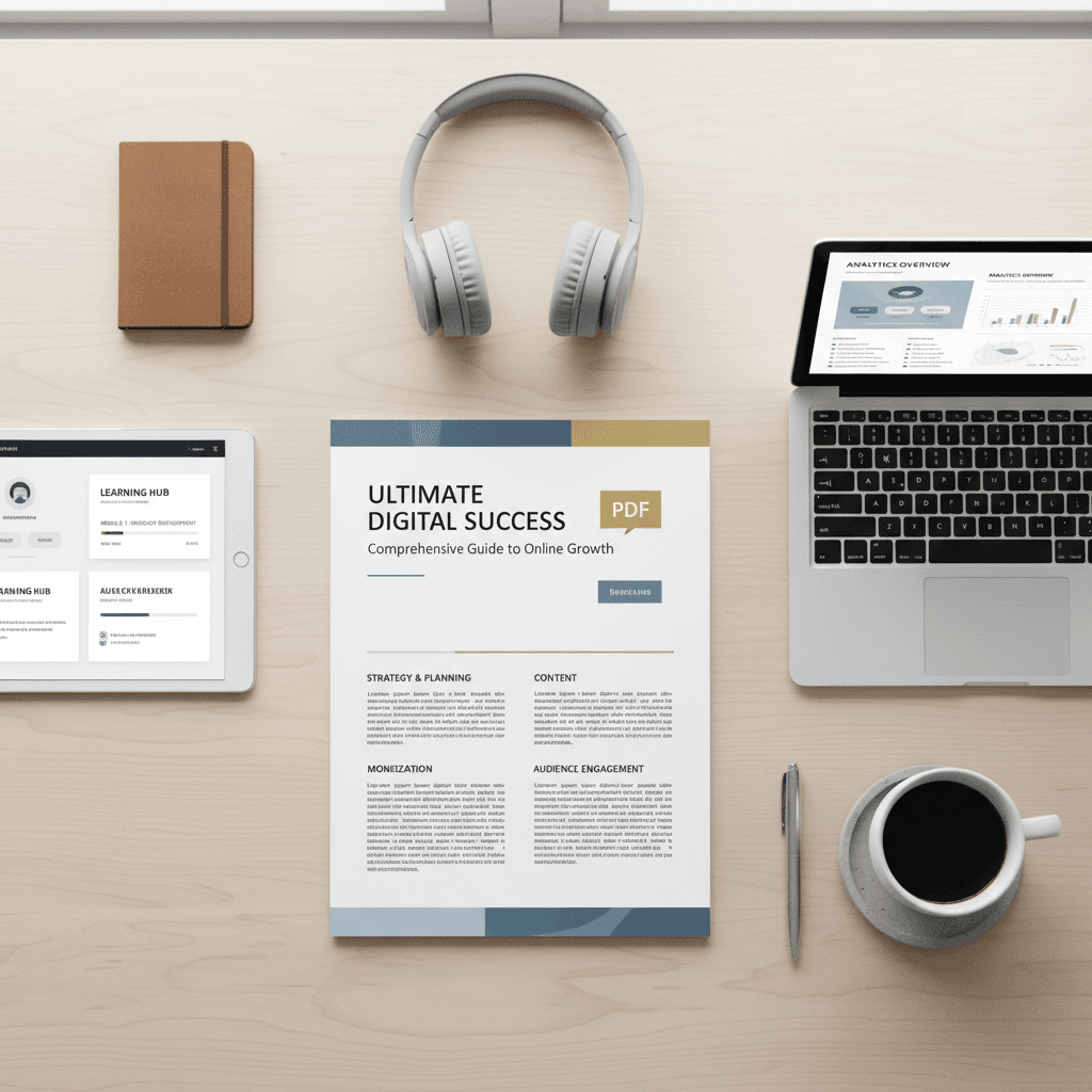 Flat-lay arrangement of open PDF guide, tablet, and laptop displaying dashboards and digital products on wooden desk
